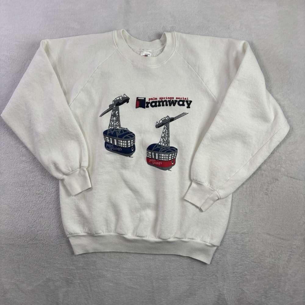 VTG FOTL Palm Springs Aerial Ramway White Pullover LS Fleece Sweatshirt Men's L